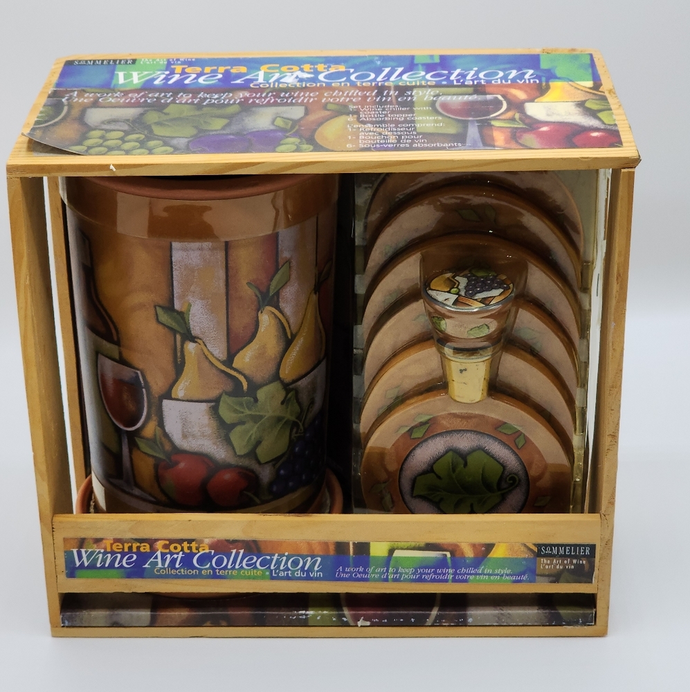 Terra Cotta Wine Art Collection Set Wine Chiller Bottle‎ Topper And Coasters NEW